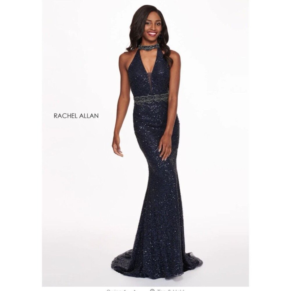 Rachel Allan Navy Blue Beaded Trumpet Formal Evening Dress Keyhole Halter Sz 4